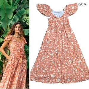 YIREH Ruffle Sleeve Romantic Flowy Boho Button Down Coral Pink Maxi Dress Large